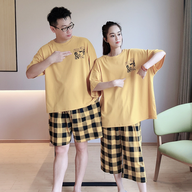 情侣加大码纯棉格子男女薄款睡衣 贝慕雪睡衣/家居服套装