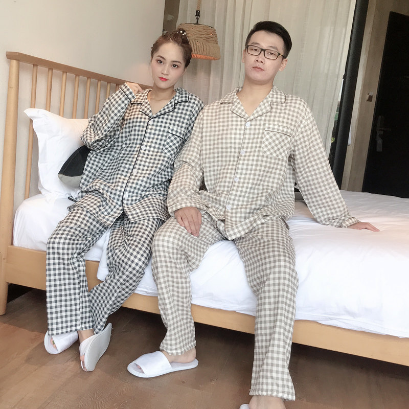 夏季纯棉长袖情侣格子棉纱纱布睡衣 贝慕雪睡衣/家居服套装
