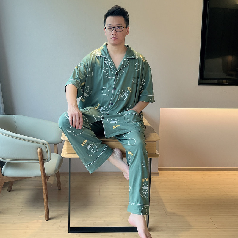 夏季纯棉短袖长裤男士睡衣开衫薄款青少年胖子卡通家居服大码套装,淘宝优惠券,粉丝福利购,淘宝优惠卷