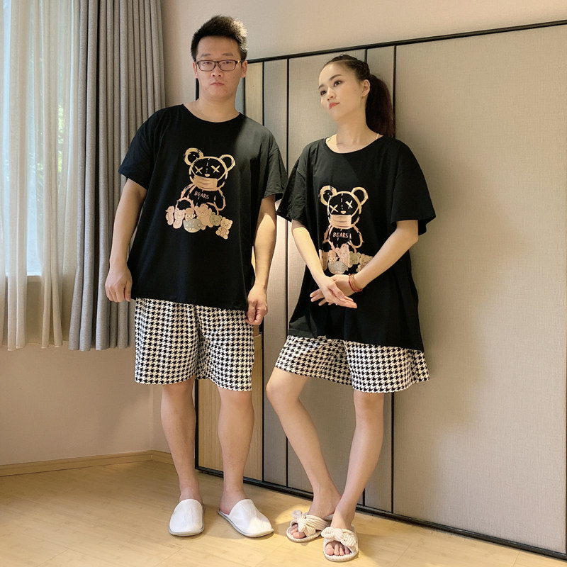 情侣格子大码卡通可外穿纯棉睡衣 贝慕雪睡衣/家居服套装