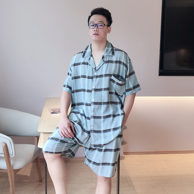 大码200斤夏男士棉绸透气格子睡衣 贝慕雪睡衣/家居服套装