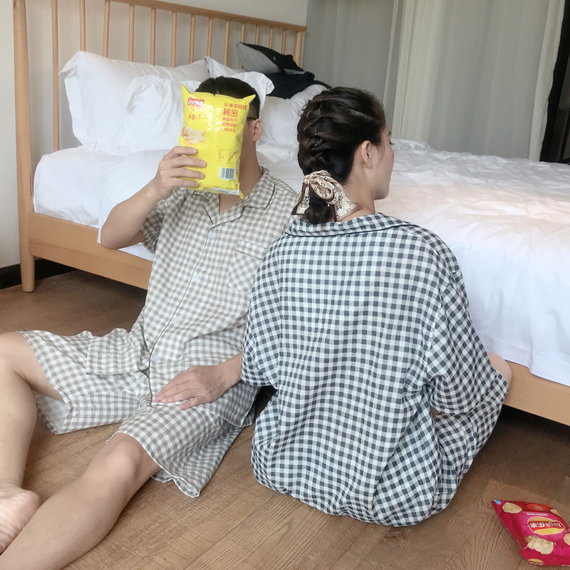 男士夏季短袖短裤日系格子全棉睡衣 贝慕雪睡衣/家居服套装