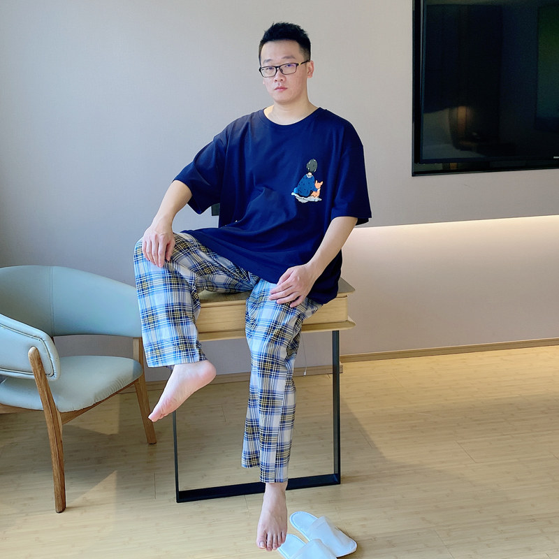 男士春秋款半袖纯棉加肥加大斤睡衣 贝慕雪睡衣/家居服套装