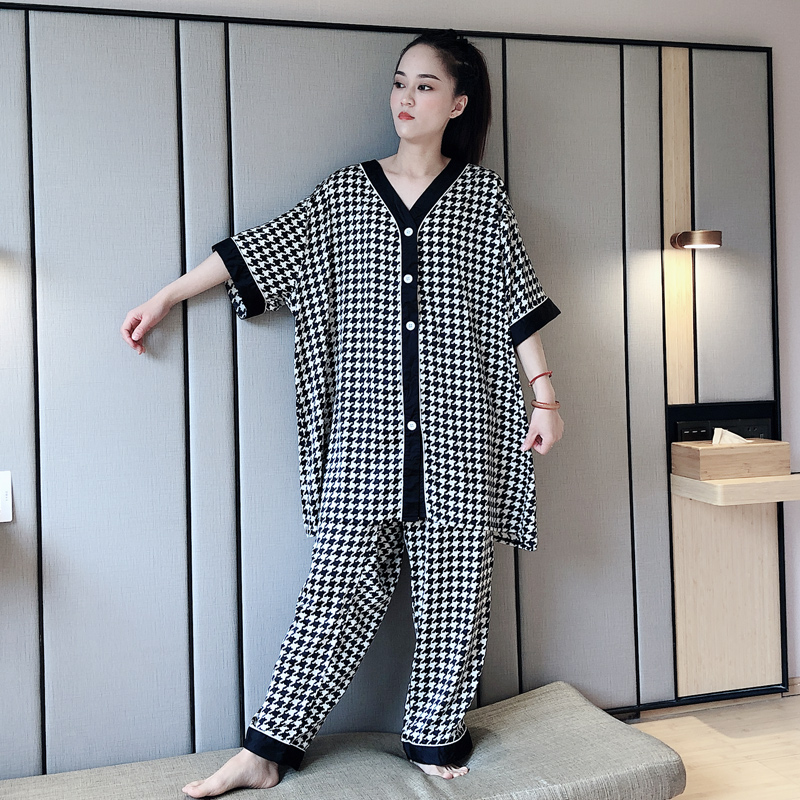 夏季冰丝情侣200斤千鸟格睡裙 贝慕雪睡衣/家居服套装