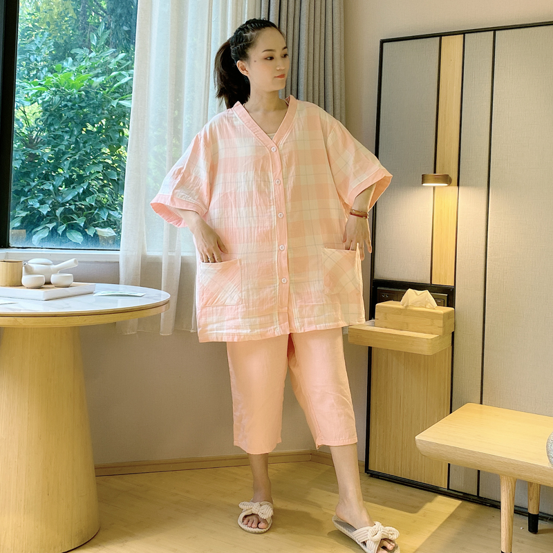 格子开衫半袖七分裤大码纯棉睡衣 贝慕雪睡衣/家居服套装