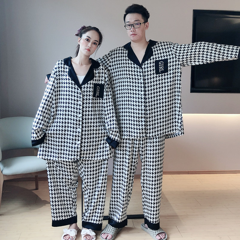 千鸟格ins潮情侣冰丝春秋长袖睡衣 贝慕雪睡衣/家居服套装