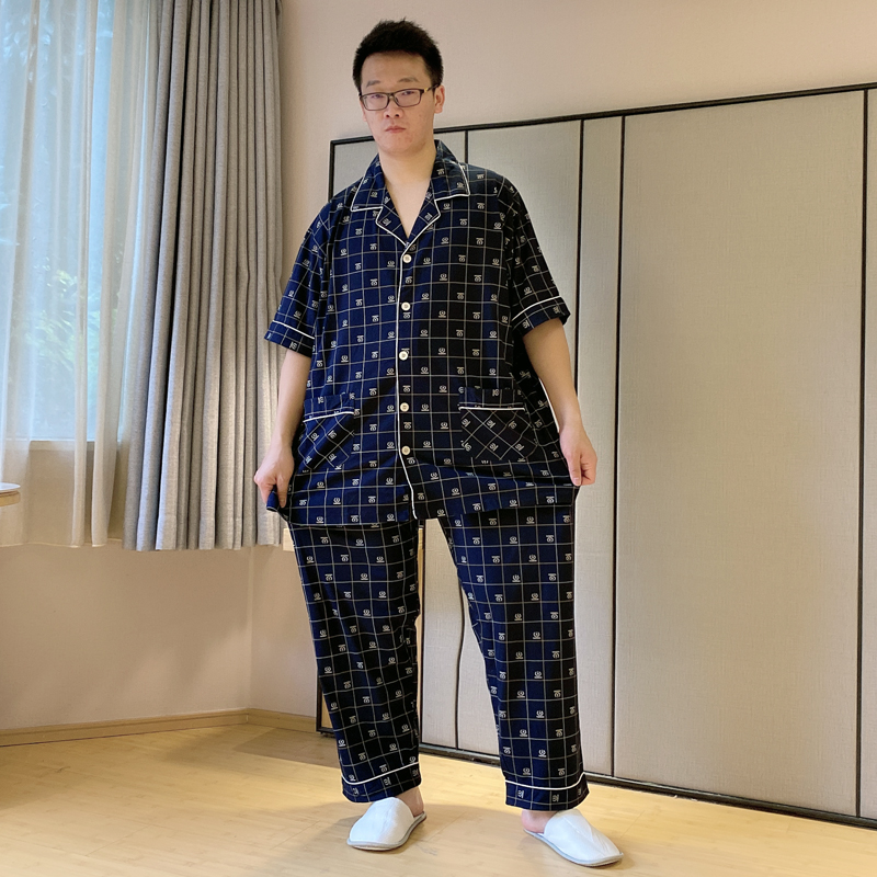 加肥加大肥佬纯棉格子短袖长裤透气 贝慕雪睡衣/家居服套装
