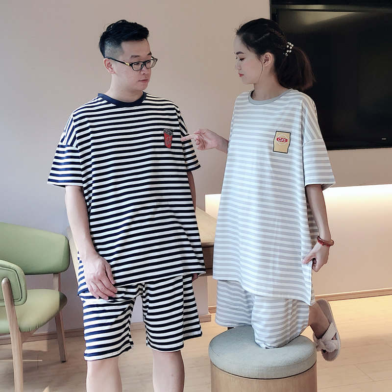 情侣男休闲纯棉加肥大码条纹睡衣 贝慕雪睡衣/家居服套装
