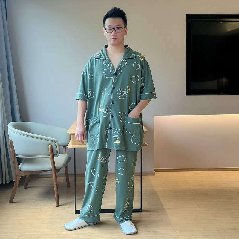 夏季纯棉短袖长裤男士睡衣开衫薄款青少年胖子卡通家居服大码套装,淘宝优惠券,粉丝福利购,淘宝优惠卷