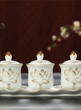 仙用水杯陶瓷套装白色莲花杯供水杯用具净水杯白瓷财神供佛水杯