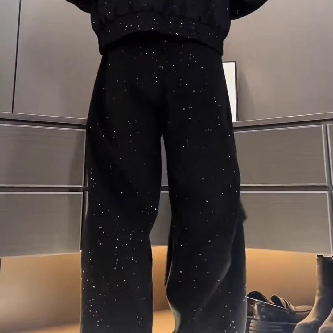 设计款满天星烫金阔腿裤男宽松秋冬季新款时尚毛呢面料褶皱弯刀裤,淘宝优惠券,粉丝福利购,淘宝优惠卷