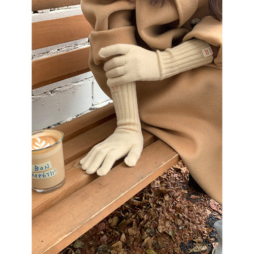 定制款~冬季长款蓝色针织手套女复古五指骑行防寒保暖可触屏手套 - 图0