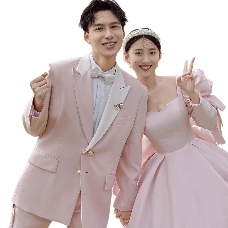 影楼情侣粉色法式蝴蝶结缎面婚纱 耳夲婚纱