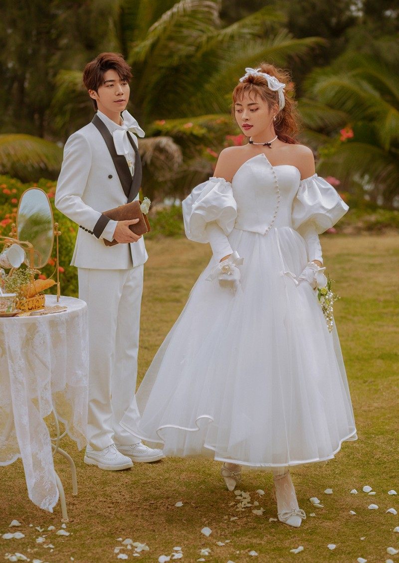 影楼主题新款甜美抹胸小白纱婚纱 耳夲婚纱