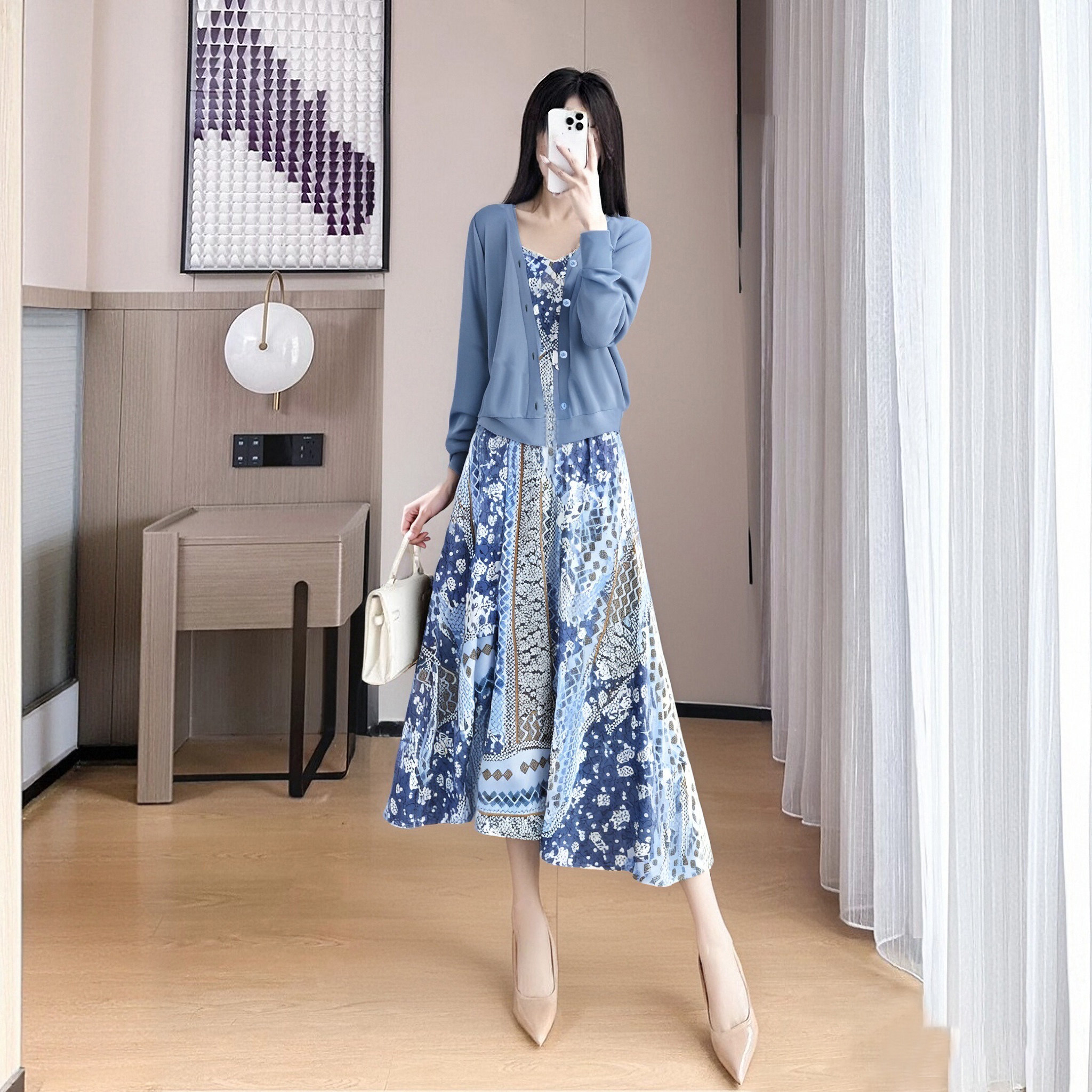 高级感超好看法式绝美蓝色开衫碎花吊带显瘦连衣裙套装D0628B,淘宝优惠券,粉丝福利购,淘宝优惠卷