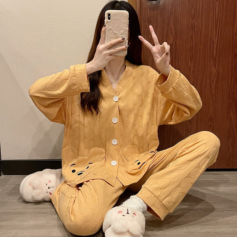 春秋时尚小熊口袋长袖开衫纯棉睡衣 采蝶衣睡衣/家居服套装