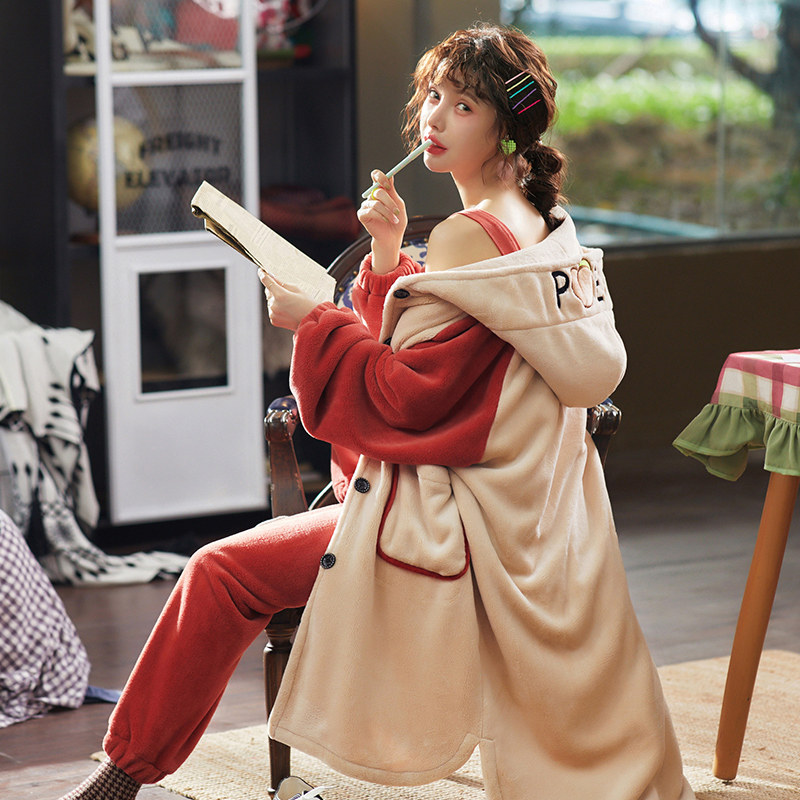 三件套秋冬季加绒法兰绒珊瑚绒睡衣 隐秘的诱惑睡衣/家居服套装