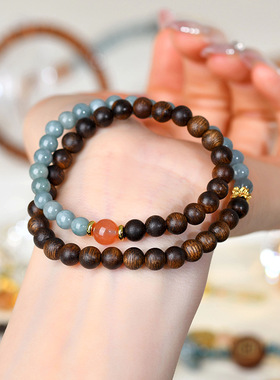 柏利越南芽庄沉香蓝翡翠双圈手链