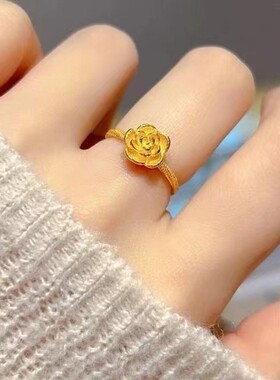金店同款银色金色仿真玫瑰花开口戒指女轻奢小花朵指环送礼物饰品