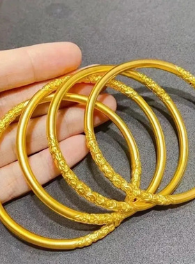 金店同款卷草纹仿真手镯紫荆花金色时尚百搭素圈实心手环送礼饰品