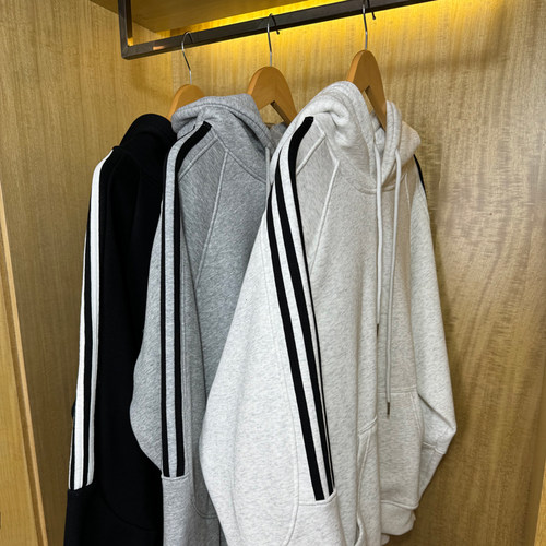 460G重磅连帽卫衣男秋冬款加绒加厚三杠潮牌宽松套头帽衫上衣外套-图1