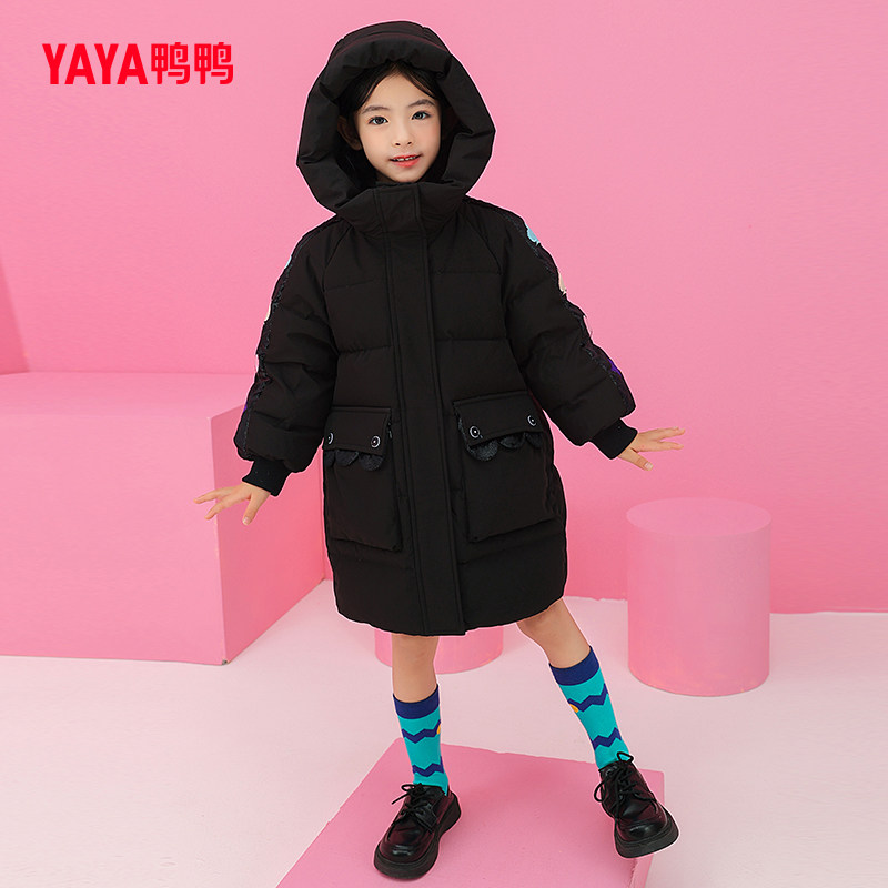 鸭鸭童装羽绒服女童2025秋冬季新款加厚中长款连帽儿童面包服外套
