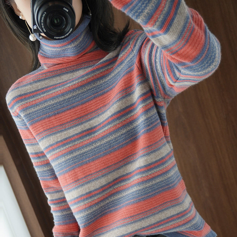 秋冬新款堆堆高领羊绒条纹女毛衣 蔓芙妮丝毛针织衫