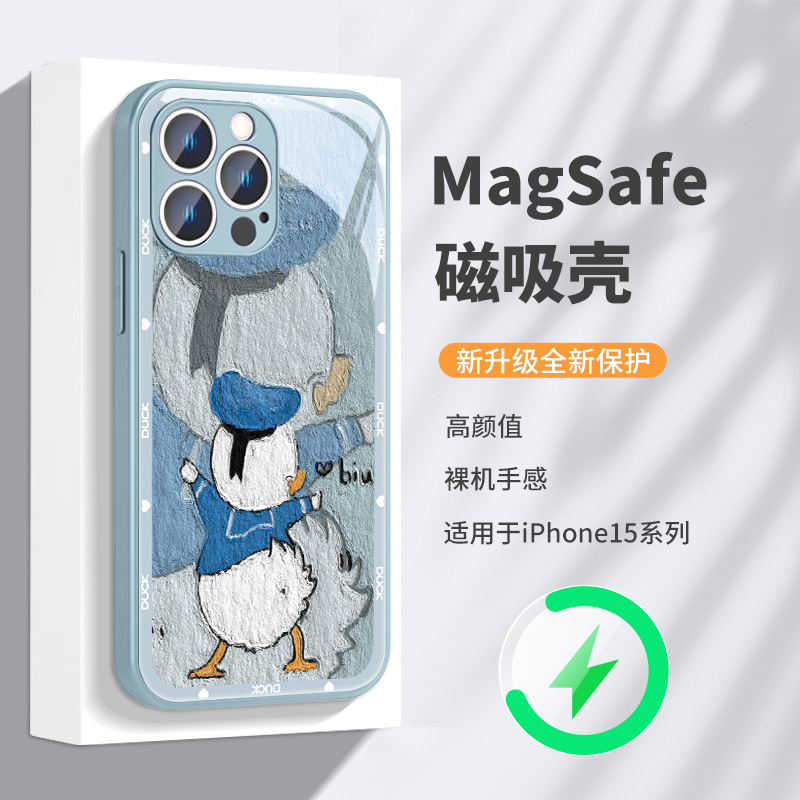 Magsafe磁吸手机壳适用苹果15plus新款iPhone14无线充电13情侣12promax唐老鸭黛西ip11可爱15pro油画风pm玻璃-图0