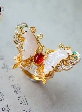 衣锦媚行  灵蝶 925银镀金镶和田玉蝴蝶戒指