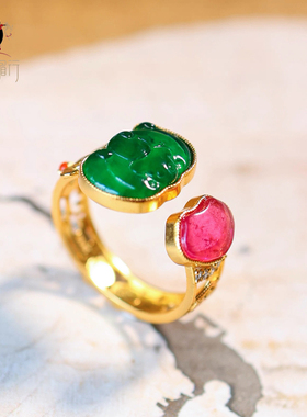 衣锦媚行原创设计s925银镀金翡翠祥云蝙蝠纹戒指国风开口戒新中式