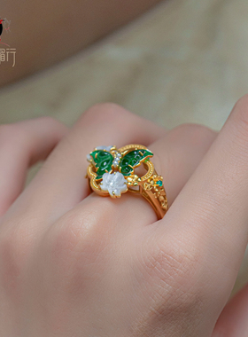 衣锦媚行S925镀金翡翠蝴蝶开口戒