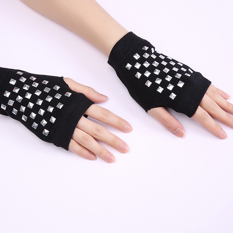 水兵舞露指手套镶钻铆钉五角星纯棉针织黑色手套舞蹈运动护腕男女,淘宝优惠券,粉丝福利购,淘宝优惠卷