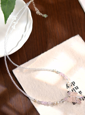 粉晶蝴蝶结吊坠甜美少女水晶串珠项链饰品轻奢小众蝴蝶结项链