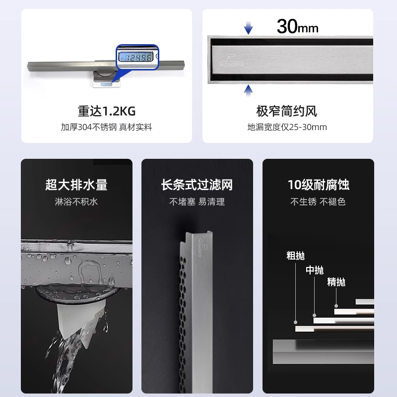 潜水艇极简线性地漏304不锈钢长条淋浴房线型极窄长方形隐形线形