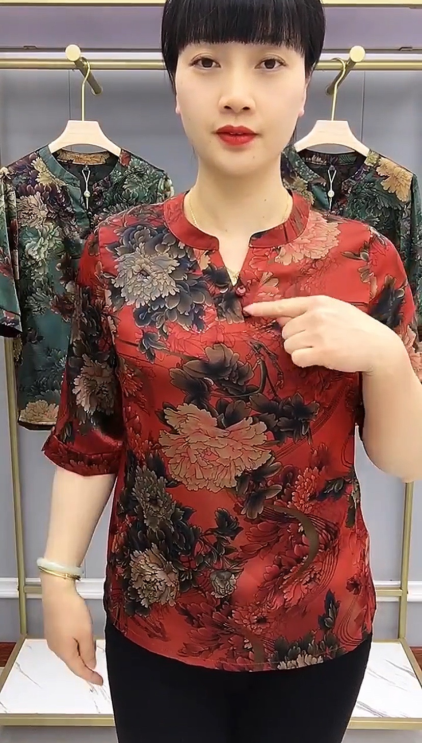 2022富贵牡丹香云纱中袖上衣3165款中老年女装夏装新款桑蚕丝衬衫