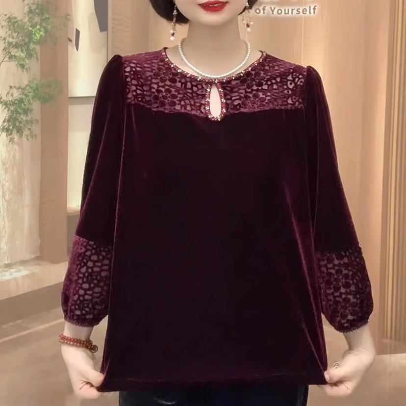 镂空烫钻滴水领金丝绒上衣女秋季宽松遮肉小衫时尚减龄中老年女装,淘宝优惠券,粉丝福利购,淘宝优惠卷