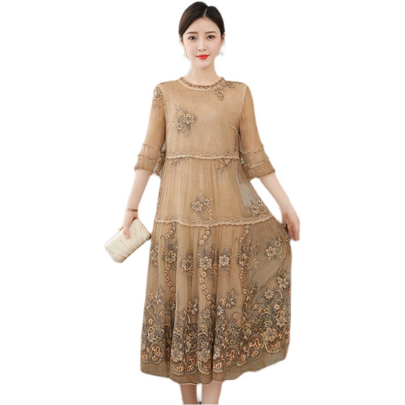 2022年夏季新款刺绣桑蚕丝连衣裙 枫紫连衣裙