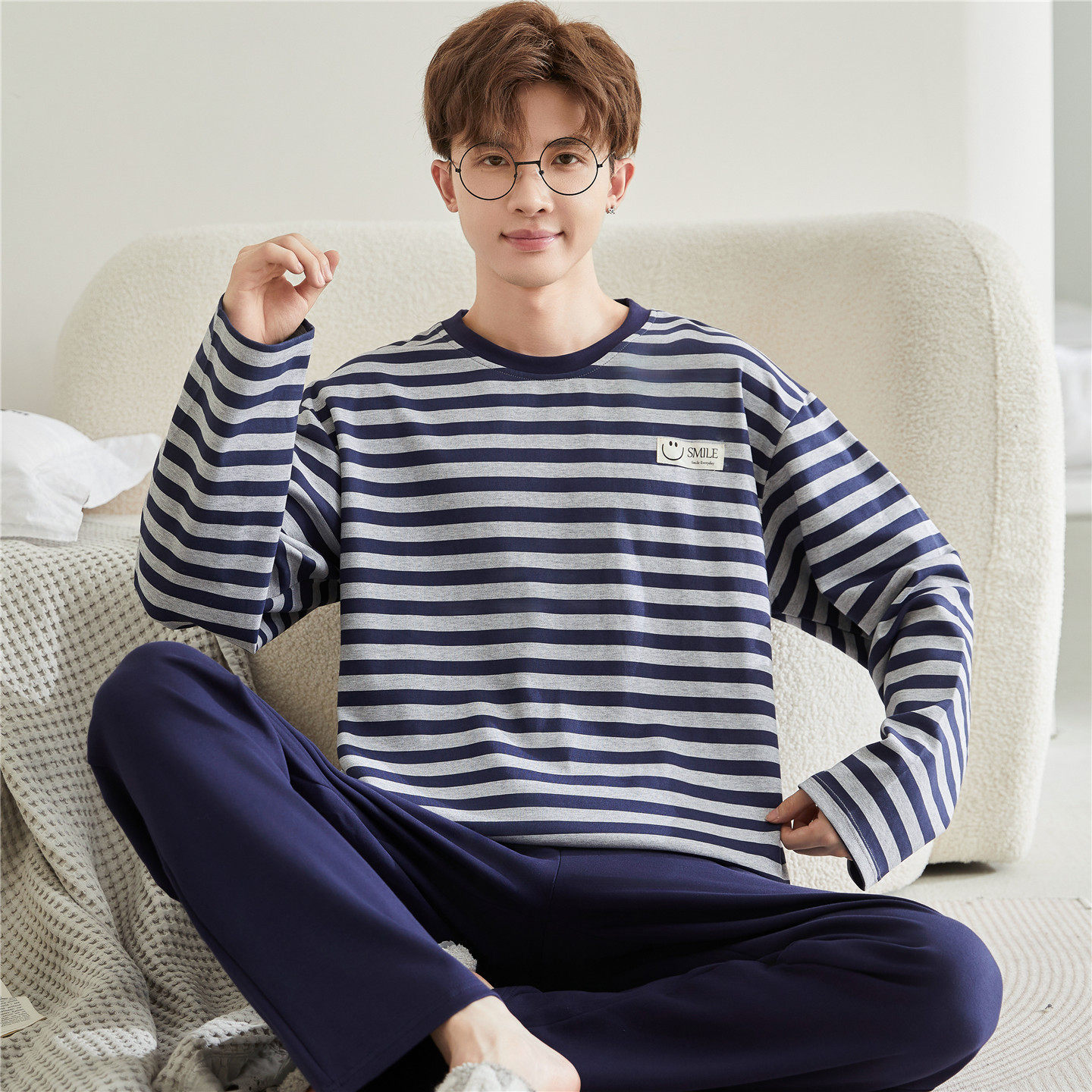 青少年睡衣男生秋季长袖纯棉大童男孩初中高中学生条纹家居服套装
