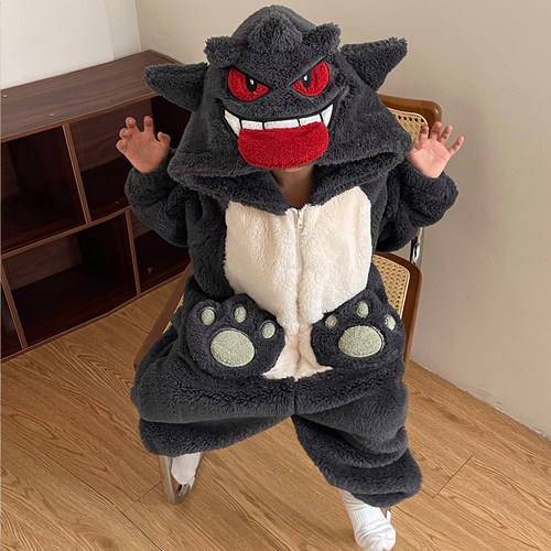 男童连体睡衣秋冬季珊瑚绒可爱卡通儿童中大童男孩加厚加绒家居服 - 图0