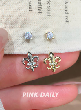 Pink Daily金色鸢尾花闪钻后挂式钛钢耳钉女独特设计感吊坠耳饰