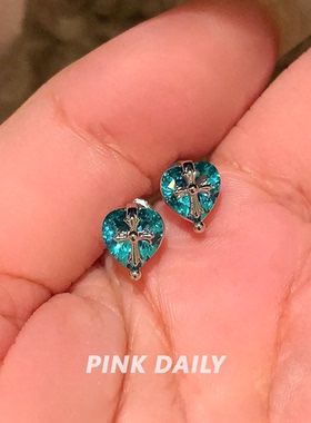Pink Daily爆闪帕绿色爱心锆石钛钢耳钉女心形耳骨钉耳蜗钉耳饰