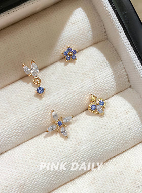 Pink Daily爆闪金色爱心小花撞色锆石钛钢耳钉女精致耳骨钉耳饰