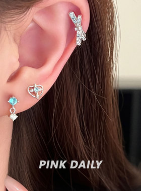 Pink Daily帕绿色满钻甜酷医用钛钢耳钉女双耳洞搭配耳骨钉耳饰