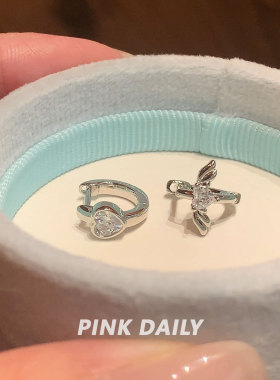 Pink Daily闪钻爱心翅膀锆石直针钛钢耳环双耳洞搭配耳圈耳扣耳饰