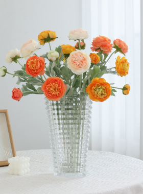 高端洋牡丹仿真花植绒3头露莲花 家居装饰摆件假花直播仿真花批发