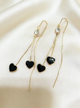 黑色双爱心耳钩女气质时尚百搭黑桃皇后流苏耳线精致甜美小众耳饰