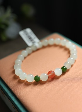 和田玉手串冰底起胶南红碧玉配珠