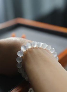 高货和田玉手串冰烟紫一线猫8mm