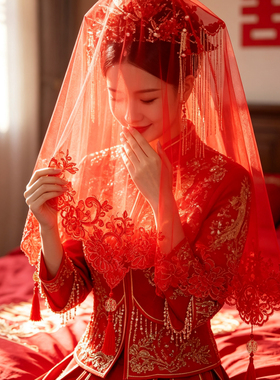 新中式红盖头流苏新娘结婚红头纱