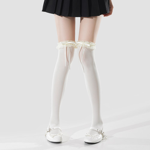 lolita白色小腿袜子女夏薄款花边蝴蝶结蕾丝黑高长筒压力jk过膝袜 - 图3